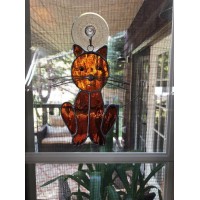 VINTAGE STAINED GLASS 6” ADORABLE 'CAT' WINDOW SUNCATCHER ORANGE GLASS   142904859762